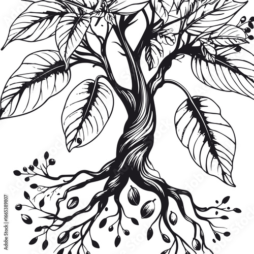 Bold black and white doodle of nutmeg tree, vector illustration, leaves, seeds, and fruits used in cooking and natural remedies, isolated elements