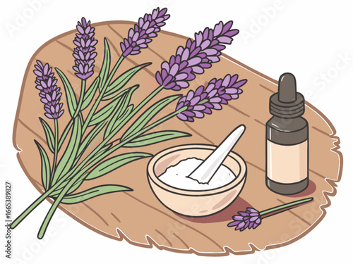 Still life composition featuring lavender flowers mortar and pestle and essential oil bottle on wooden board