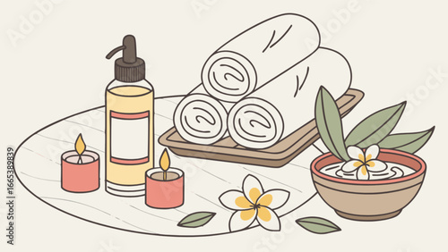 Still life of spa treatment items including towels oil candles and a flower bowl on a round tray