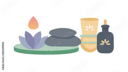 Illustration showing a lotus flower, hot stones, lotion and oil for spa treatment and relaxation