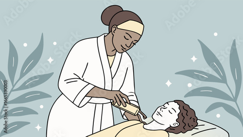 Woman in robe applying cream to another woman lying down in a spa setting with botanical accents