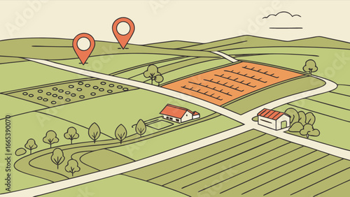 Aerial view of farmland with fields, houses, roads, trees, and location pins marking specific areas