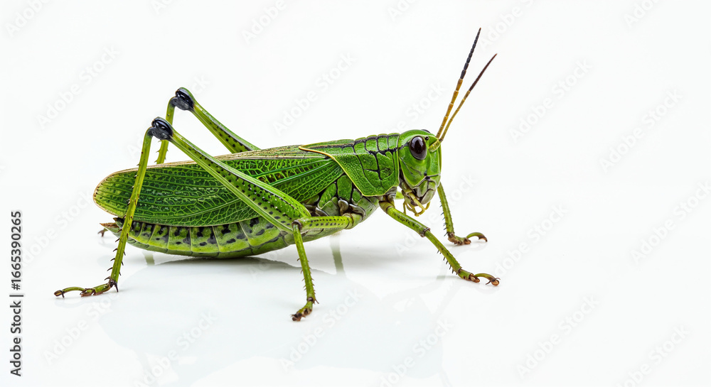 Fototapeta premium Close-up studio shot of a green grasshopper on a white background