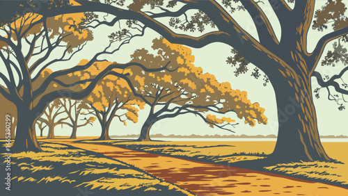 A scenic view of a pathway lined with large trees and golden foliage in a park landscape setting