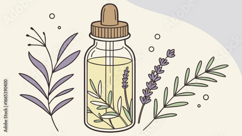 Illustration of a dropper bottle with liquid and plants around it for aromatherapy and natural remedies