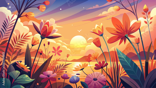 Nature-inspired background unfolds with summer flowers, warm hues glowing softly in radiant light, timeless beauty whispers peace, eternal harmony inspires serenity, blossoms breathe endless joy benea