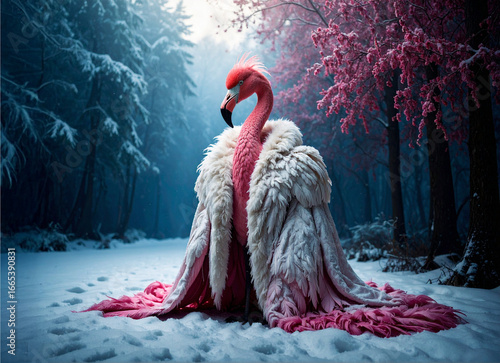 Flamingo dressed in a luxurious fur coat, frozen snowy forest in the background.