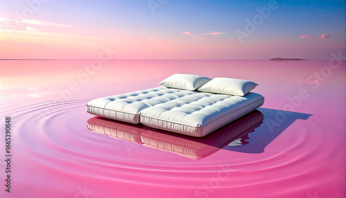 Double bed floating in the pool, comfortable mattress and pillows, tranquility and beauty of sunset, summer vacation concept.