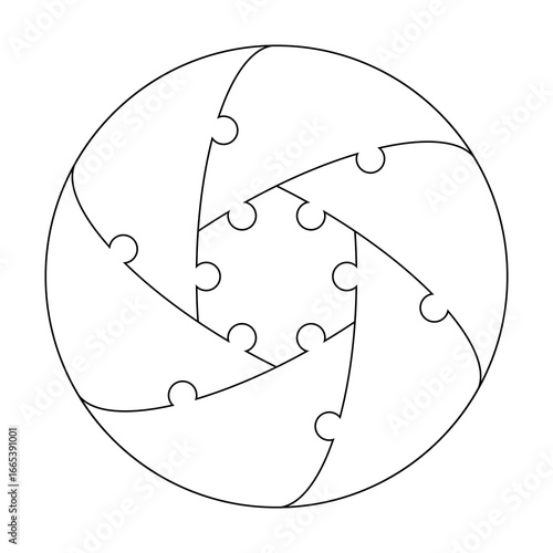 Round puzzle. Circular jigsaw with 7 connected pieces forming a circle. Symbol of teamwork, unity, cooperation, integration. Perfect for infographic, business presentations, logo design, and education