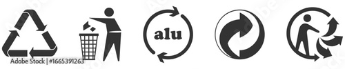 Recycling symbols, packaging ecology, triman, tidyman, recyclable alu, mobius, loop, green dot icons set in grey color. Trash bin, green point, aluminium, ecofriendly, packaging, recycle 
