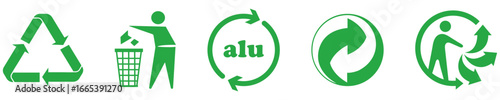 Recycling icon, packaging ecology, triman, tidyman, recyclable alu, mobius, loop and green dot icon set. Recycling icons set for packaging waste. Aluminium, green point, rubbish, ecology, packaging 