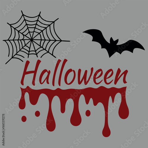 Halloween themed art featuring a bat, bloody drips, and spider web silhouette