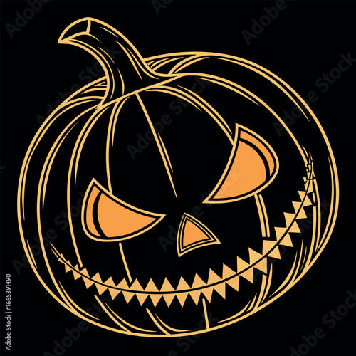 Sinister outlined jackolantern illustration displays a toothy grimace and angled eyes over a black background