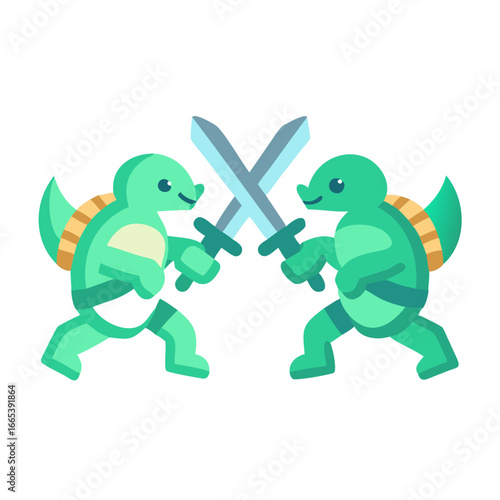 Two turtles are fighting with swords in cartoon style