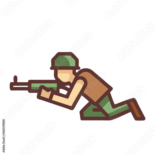 Illustration of a soldier in combat gear aiming a rifle on the ground