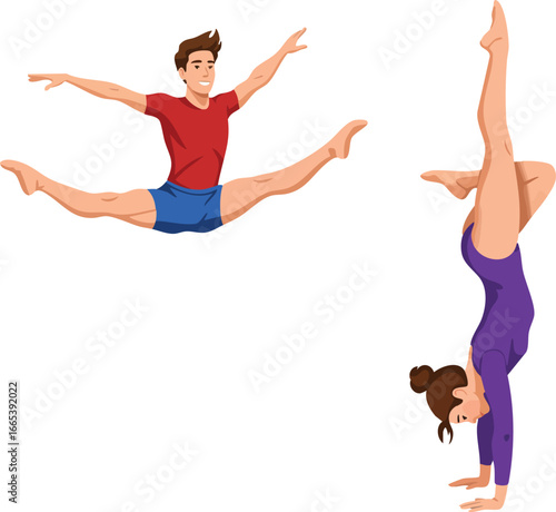 Male gymnast jumping split and female gymnast performing handstand in colorful sportswear vector illustration 