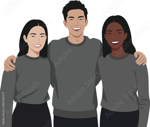 Group of diverse young adults smiling with arms around each other in casual grey clothing vector illustration 