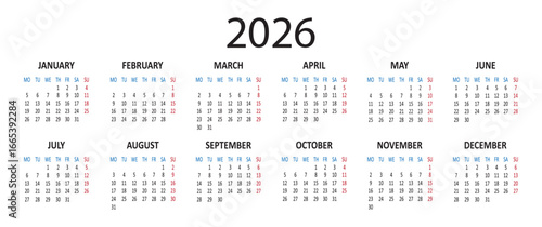European calendar 2026 year. Week starts on Monday. Vector illustration