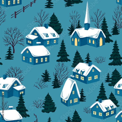 Christmas night landscape, fir tree, church, house, snow seamless pattern. Winter village holiday wallpaper.