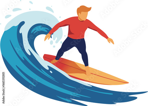 Surfer riding large blue wave on orange surfboard active water sports summer activity outdoors 