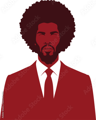 Afro man silhouette with afro hair wearing formal suit and tie in red vector illustration 