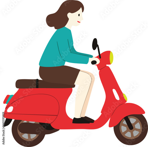 Woman riding red scooter urban transportation casual travel vector illustration 