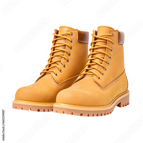 Pair of tan timberland style work boots isolated on transparent background