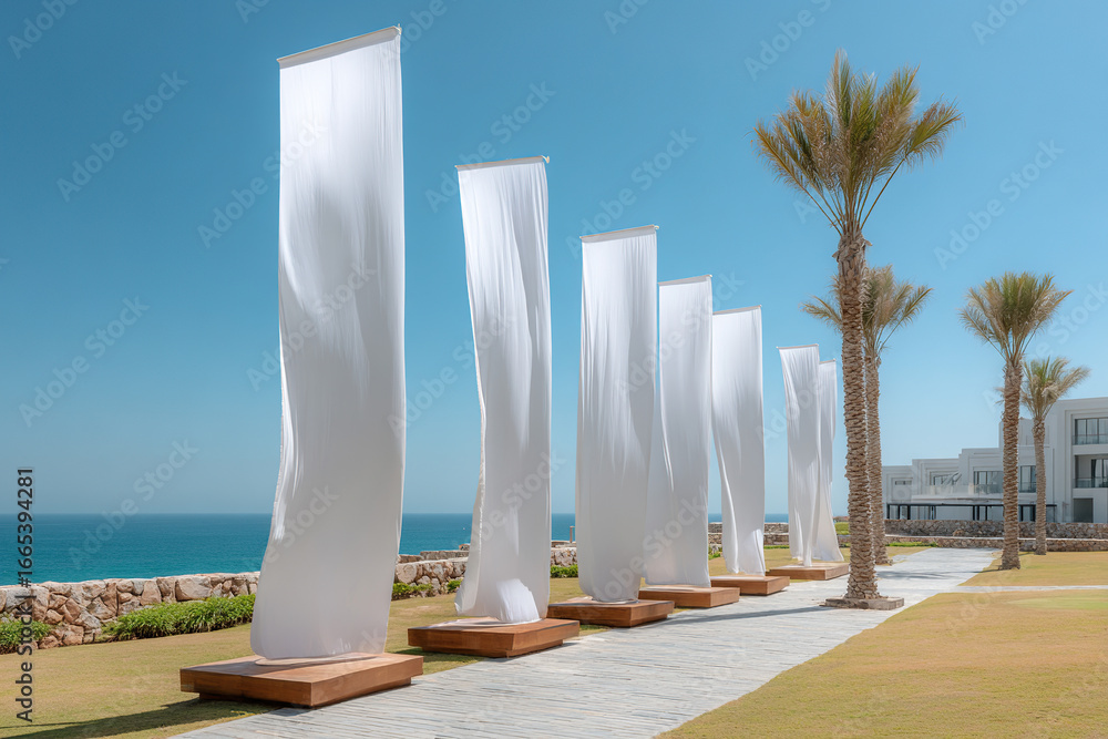 Fototapeta premium Row of white banners by the ocean at a seaside resort creates an airy, artistic atmosphere with palm trees and blue sky.