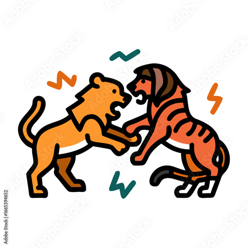 A fierce battle between a tiger and a lion in a cartoon style