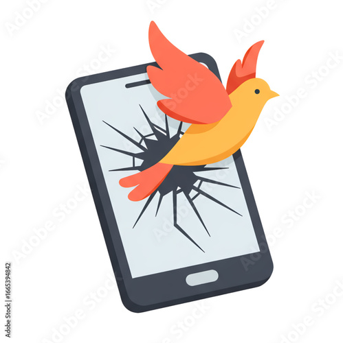 Colorful vector of a bird flying from a broken smartphone screen