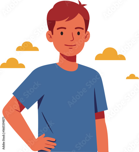 Young man standing with hand on hip wearing blue shirt with orange clouds background vector illustration 