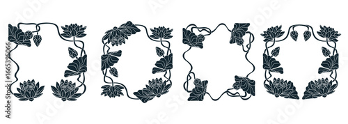 Vintage art nouveau hand drawn monochrome lotus flower frames set vector illustration