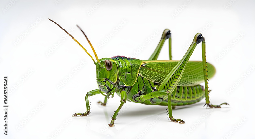 Fototapeta premium Close-up studio shot of a green grasshopper on a white background