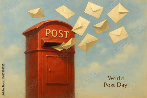 Vintage red postbox with letters flying in the air against blue sky symbolizing communication and world post day celebration