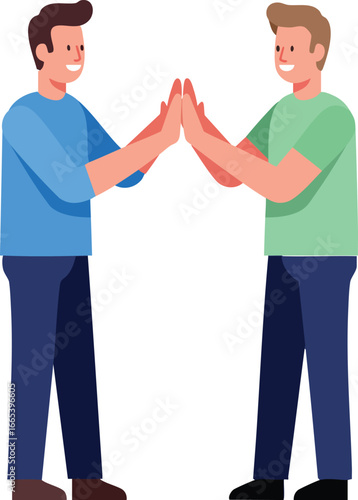 Two men giving each other high five in casual clothing friendly interaction illustration vector 