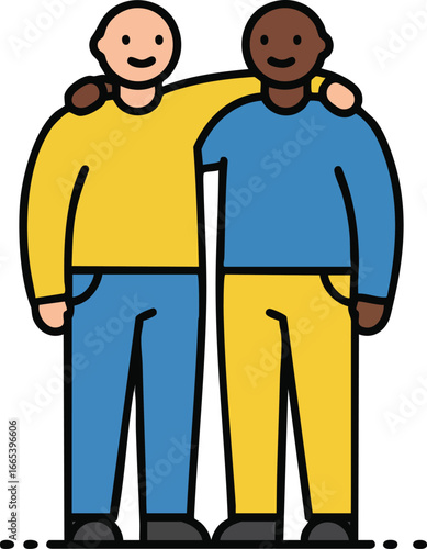 Two friends standing side by side with arms around shoulders in casual clothing vector illustration 