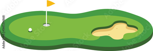Golf course putting green with flag and sand bunker vector illustration in green color design 