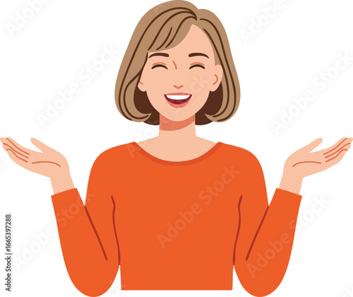 Woman smiling with orange sweater shrugging shoulders gesture vector illustration for happy communication and positive expression 