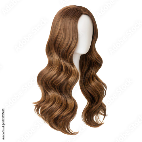 Long wavy brown wig on mannequin head isolated on transparent background
