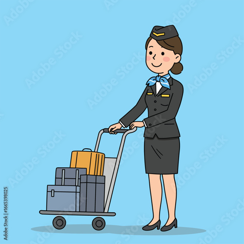Smiling cartoon flight attendant in a dark uniform pushing a metal luggage cart with suitcases.