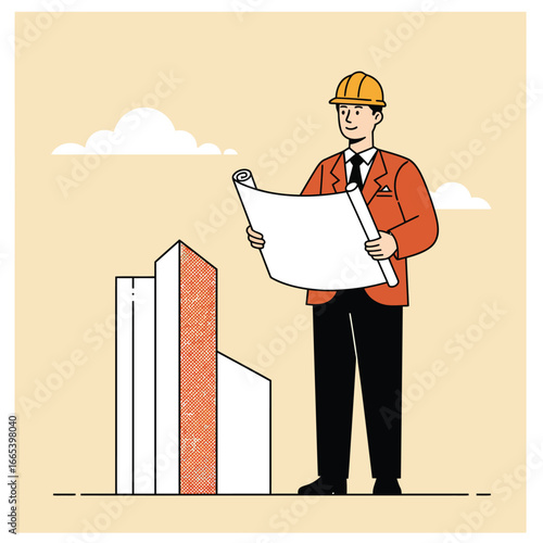 Smiling architect in a yellow hard hat and orange jacket, holding a rolled blueprint