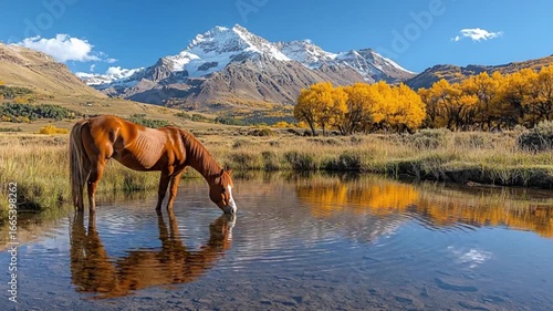 Horse drinks at a mountain stream in autumn