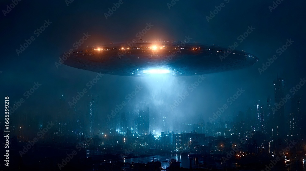 Fototapeta premium Huge ufo flying over futuristic city at night with eerie light beam