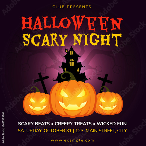 Halloween Party Invitation Digital Banner for Social Media Post featuring ghosts, bats, pumpkins, and neon effects. Perfect for Instagram, Facebook, and event promotion.