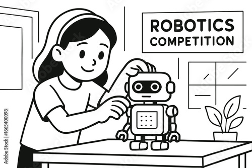 Young girl proudly presents her homemade robot at a competition