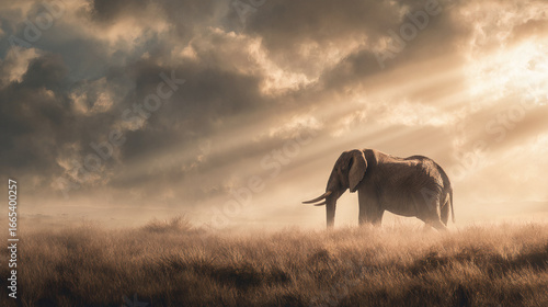 elephant walking in african savanna with dramatic sunset light