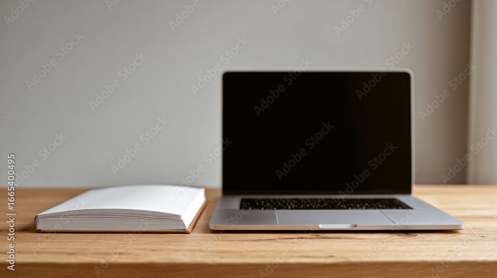 Fototapeta premium Clean modern office desk featuring blank notebook and closed generic laptop on light wood surface, neutral wall in background