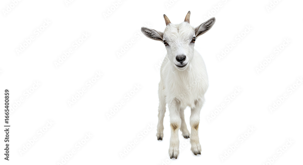 Fototapeta premium A full body shot of a young white goat standing on a white background with its head slightly tilted