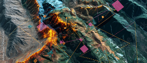 Infrared composite satellite map tracking active wildfire perimeters across mountain terrain