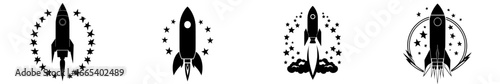 A sleek rocket is shown launching upward in silhouette form with a pointed design set against a white background, incorporating themes of rocket, launching, upward, silhouette, space, spaceship,